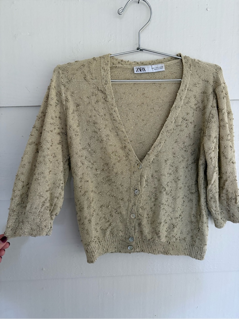 Zara Gold Metallic Textured Knit Cardigan Small Button Front Puff Sleeve